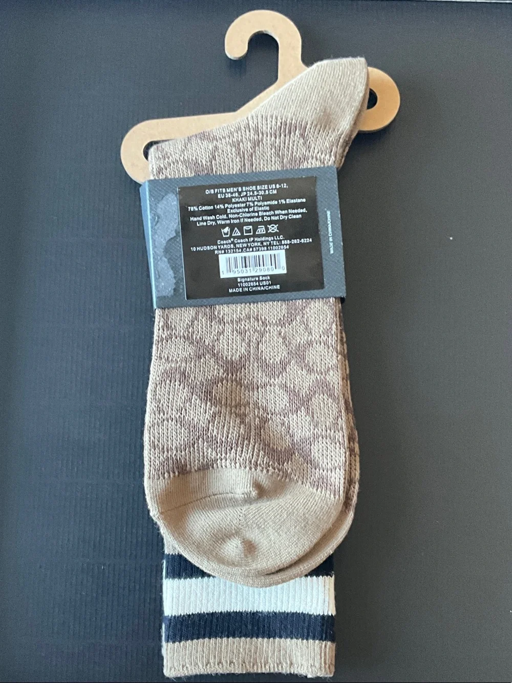 NWT Coach Brown Signature Pattern Crew Socks with Black & White Stripes